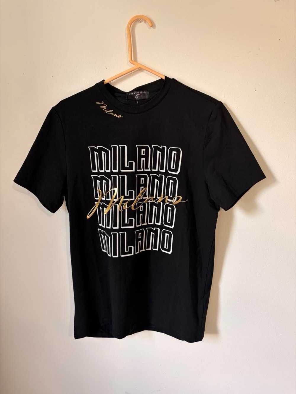 Roberto Cavalli Black Milano Graphic Tee with Gold Script